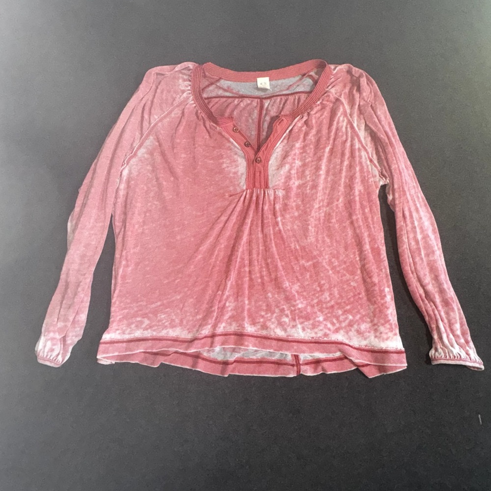 We The Free Free People Pink Acid Wash Burnout Henley Long Sleeve Top Small